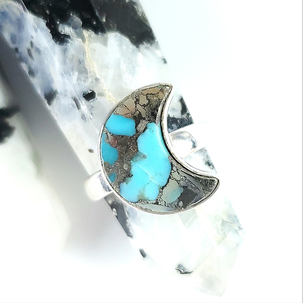Sterling Silver Turquoise and Pyrite Crescent Moon Ring Size 7 - Picture 3 of 16